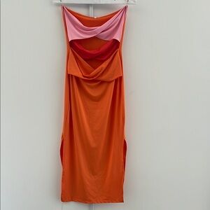 Pink and Orange Sleeveless Cowl Neck Bodycon Midi Dress